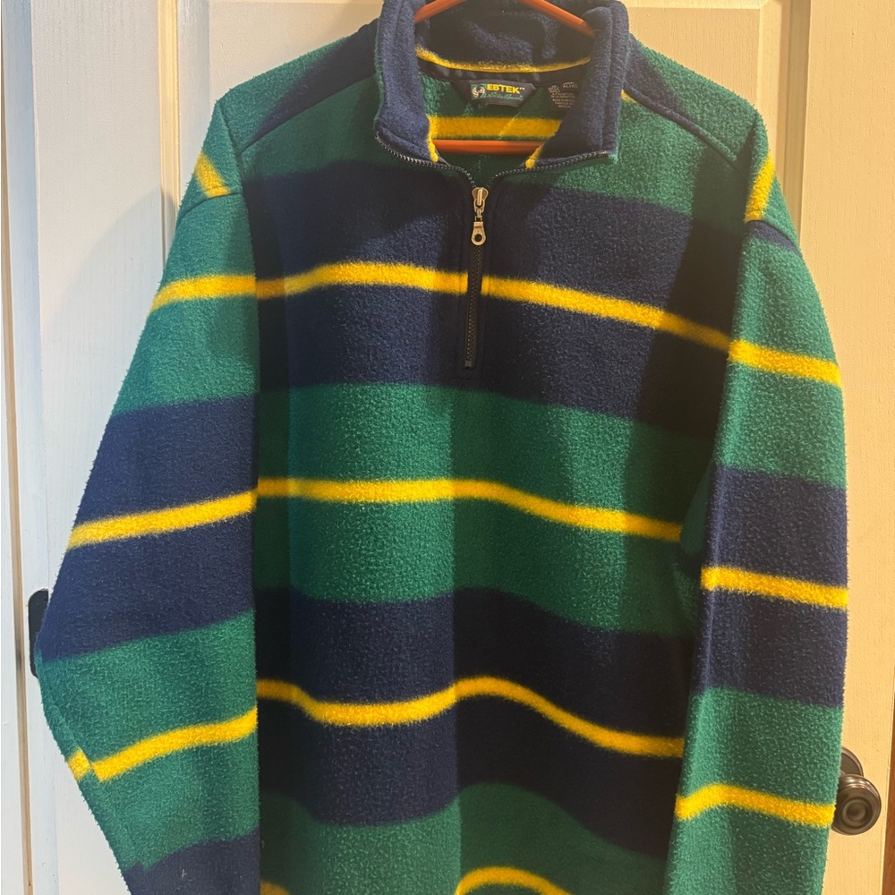 Eddie Bauer Men's Green and Blue Striped Zip-Up Sweater